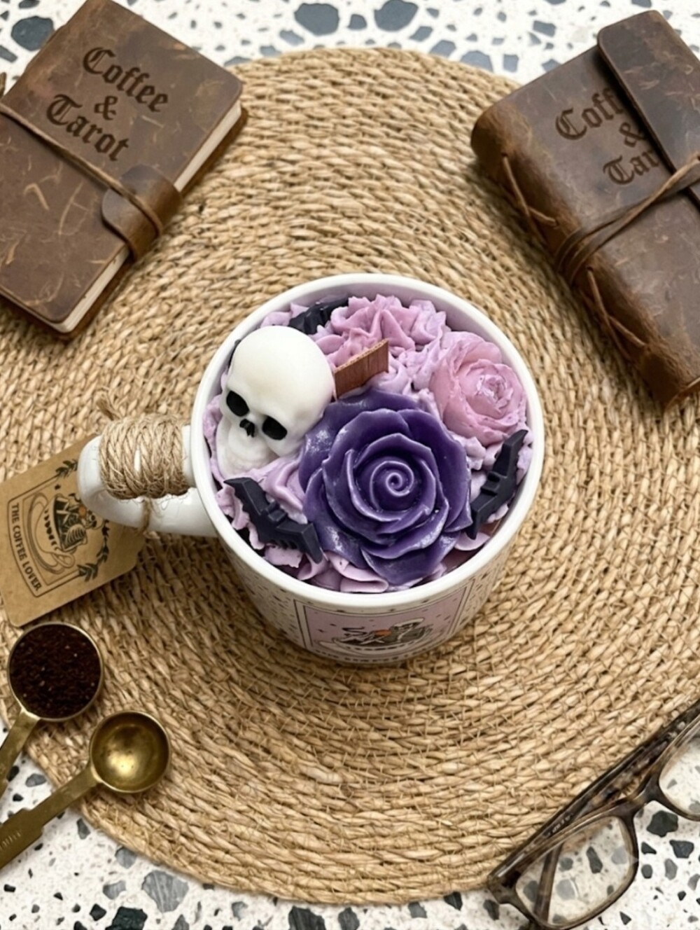 Handcrafted Purple Rose & Skull Decorative Candle Home Accents The Coffee Lover
